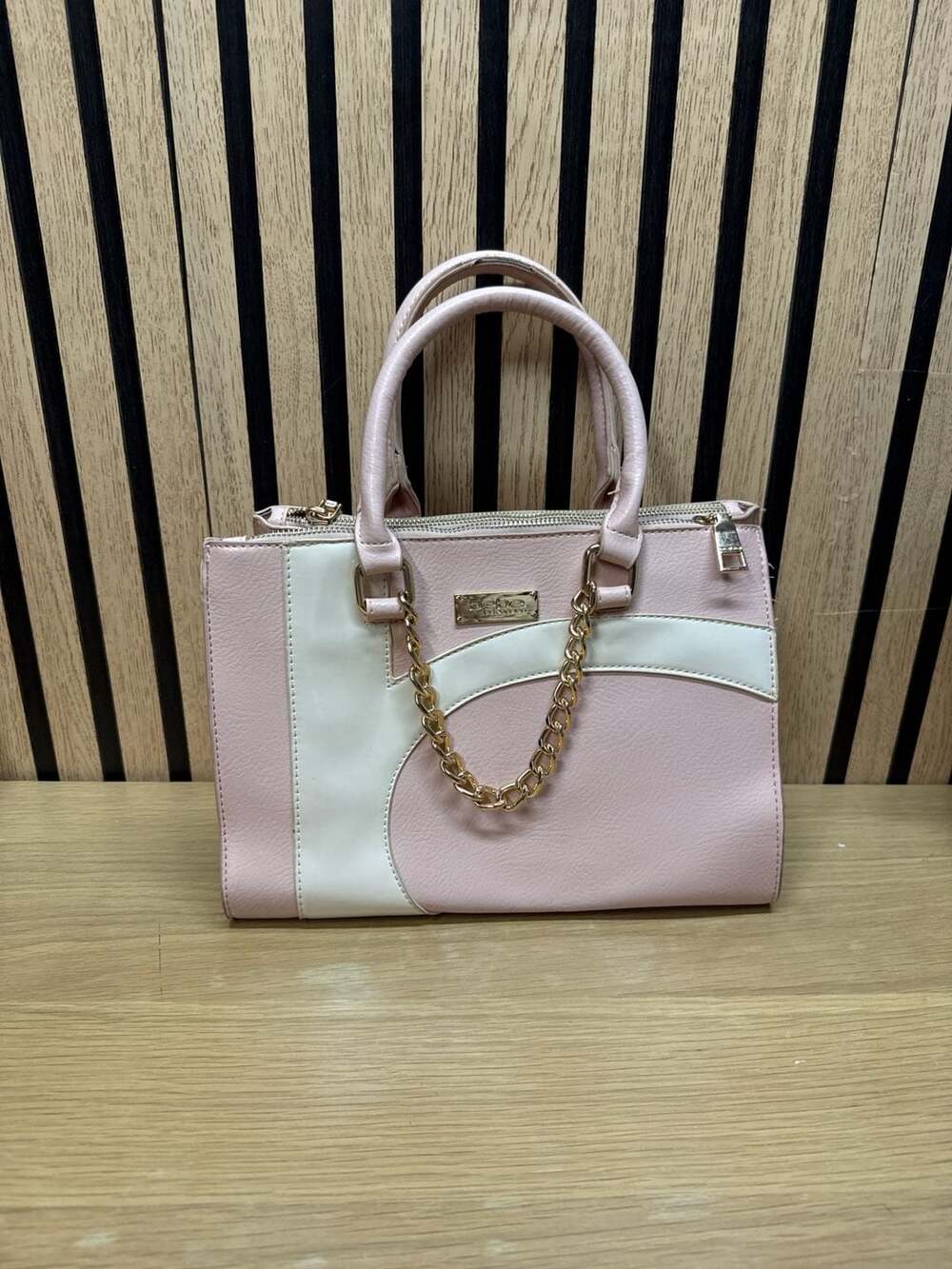 bebe Los Angeles Pink and Cream Multi-Compartment Satchel with Gold Chain Detail